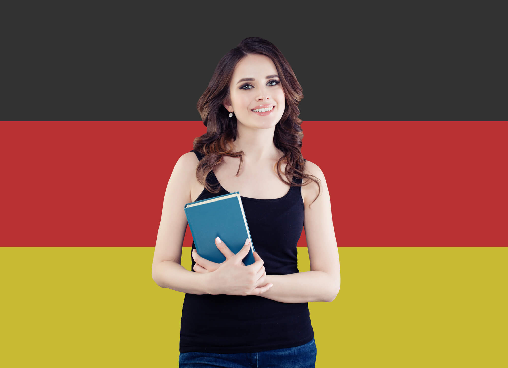 Woman confidently holding a book while learning the Past Perfect in German.