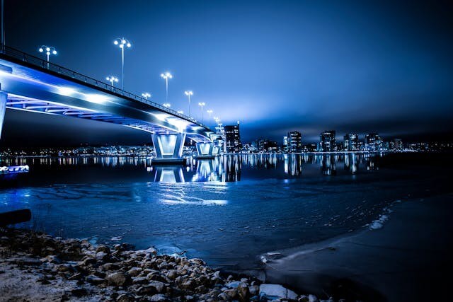 A brightly lit bridge at night symbolising future plans and wishes in the German Vocabulary Quiz.