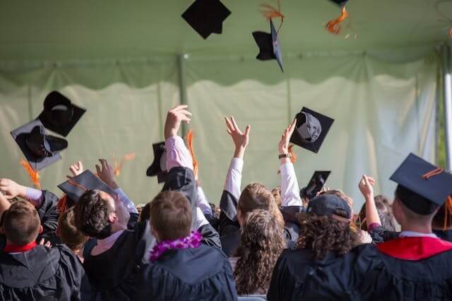 A group of graduates throwing their caps symbolising achievement and learning in the German Vocabulary Quiz for Education and Learning.