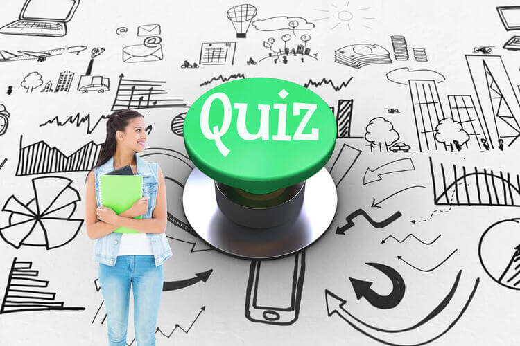 A student holding a notebook next to a large green quiz button, representing an interactive German past perfect quiz.