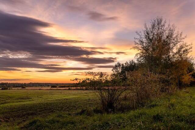 A stunning autumn sunset over a rural landscape symbolising the German Nature and Environment Vocabulary Quiz.