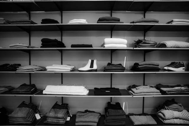 Shelves of neatly folded clothing in a store representing the German Clothing Vocabulary Quiz.