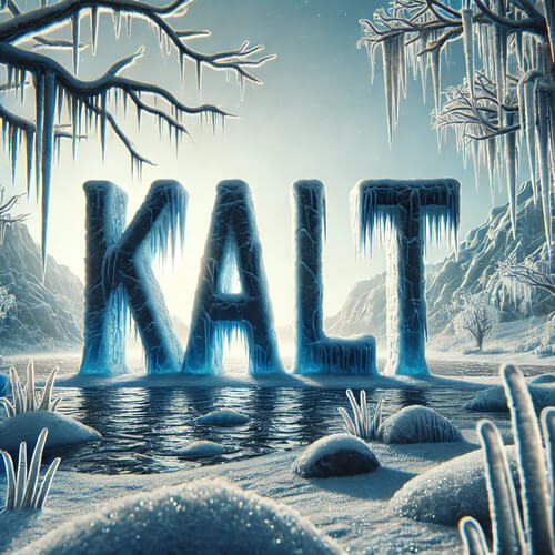 The German word 'kalt' depicted as icy text in a frosty landscape, illustrating a beginner German adjective for cold.