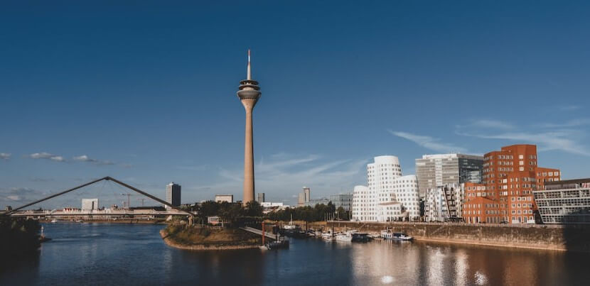 View of Düsseldorf skyline, showcasing a perfect setting for learning German dative prepositions.