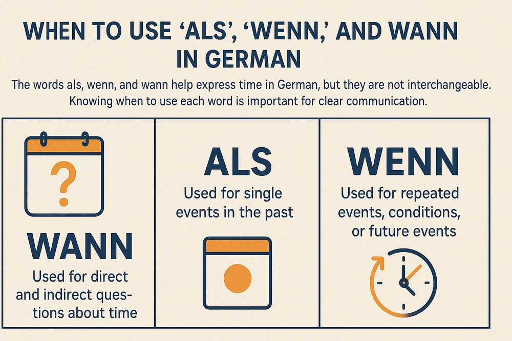 Infographic comparing the German words als, wenn, and wann with icons and descriptions to show their correct use in time expressions.