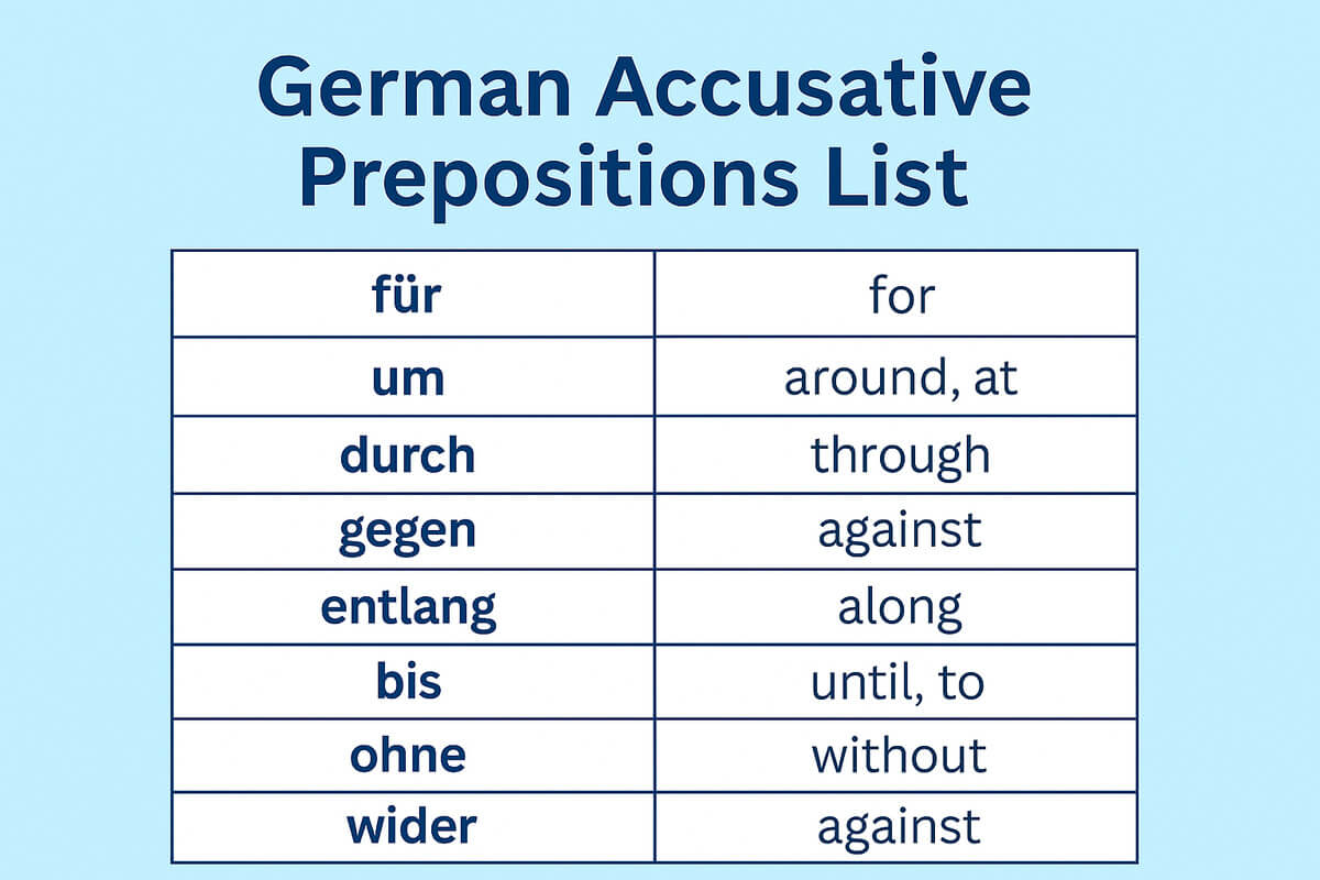 German accusative prepositions list with English translations – educational chart for language learners