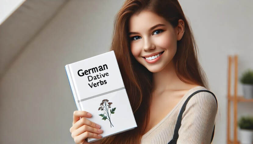 Smiling woman holding a German grammar book focusing on the German Dative Case.