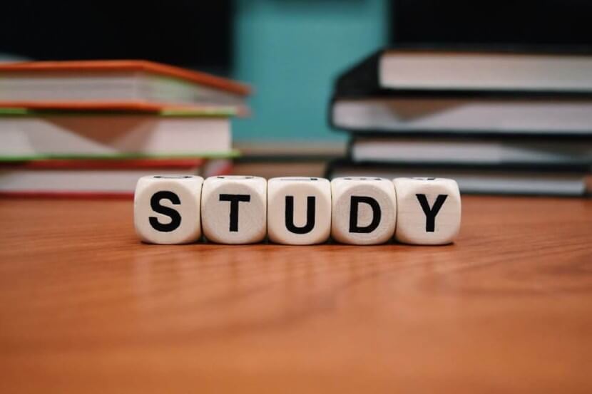 Wooden blocks spelling "STUDY" on a desk, emphasizing German vocabulary for education and learning.