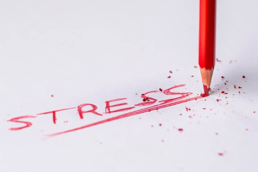 The word 'Stress' written in red with a pencil, illustrating German language stress vocabulary, including terms like Stress (stress) and Belastung (burden).