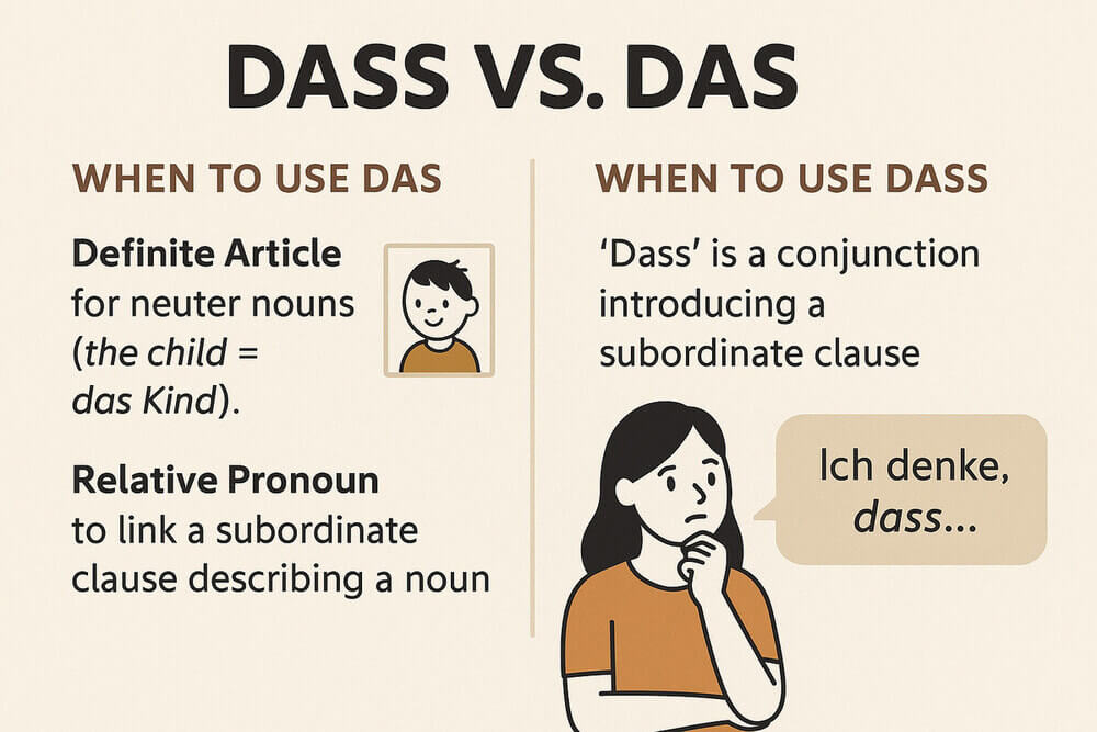 Visual explanation of the difference between das and dass in German grammar, showing when to use das as an article or relative pronoun, and dass as a conjunction.