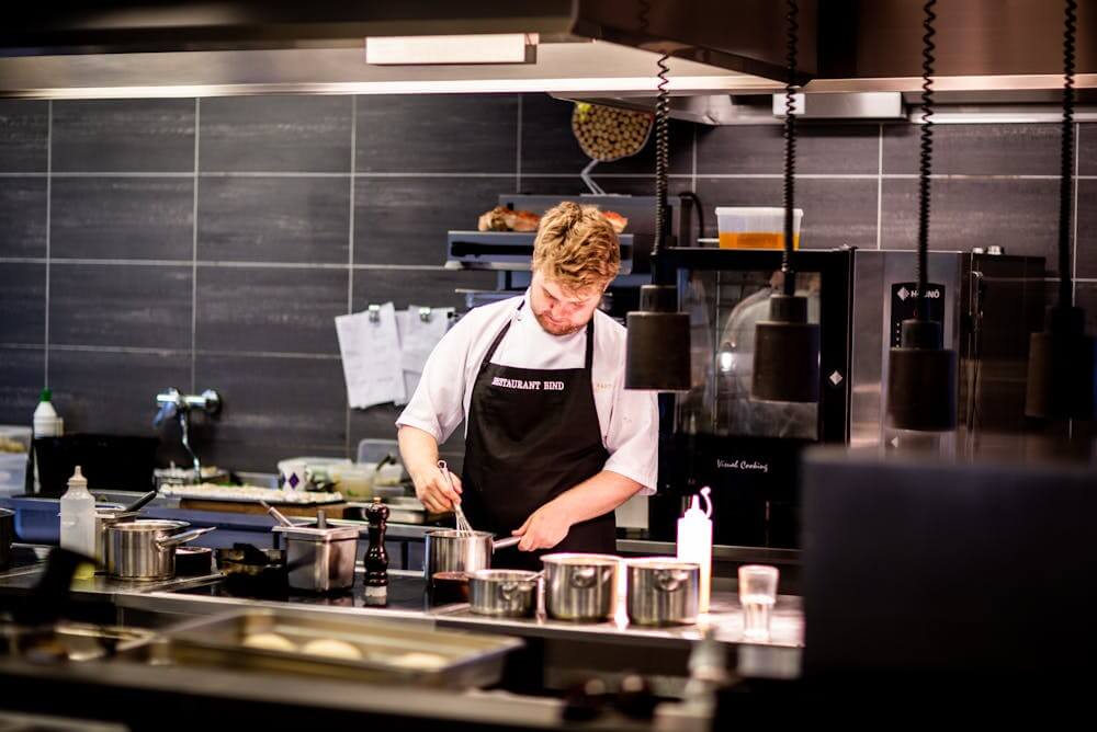 A professional chef preparing food in a modern kitchen – German cooking & baking quiz.