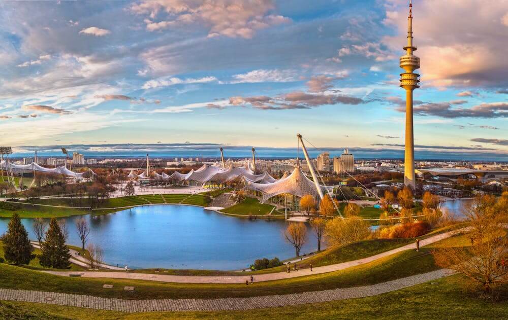 Scenic view of the Munich Olympic Park, ideal for learning German relative clauses with prepositions.