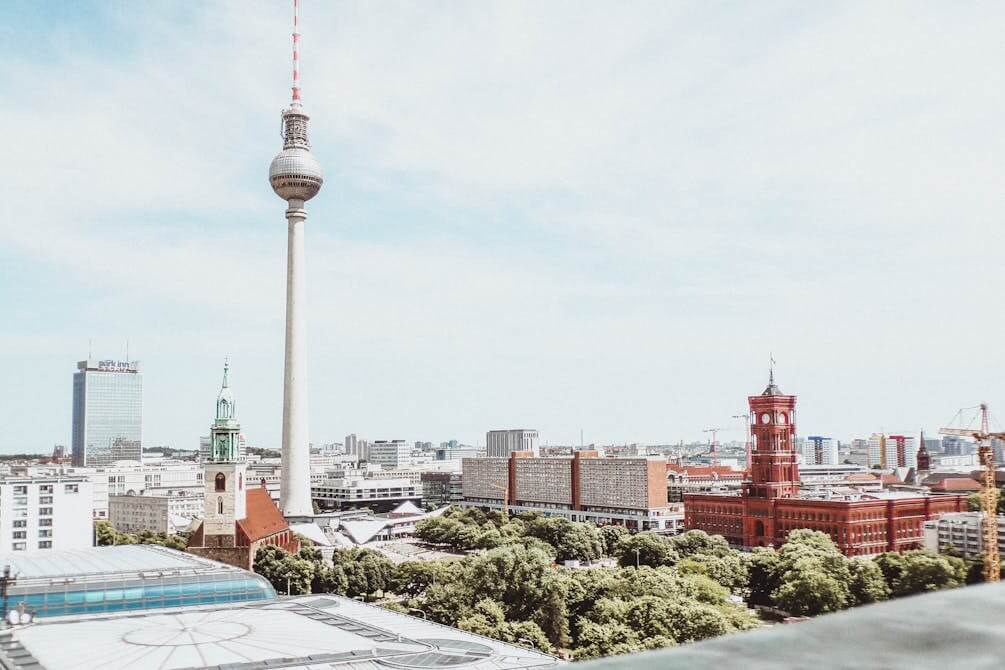 Berlin skyline featuring the Fernsehturm, ideal for learning als vs. wie in German comparison sentences.