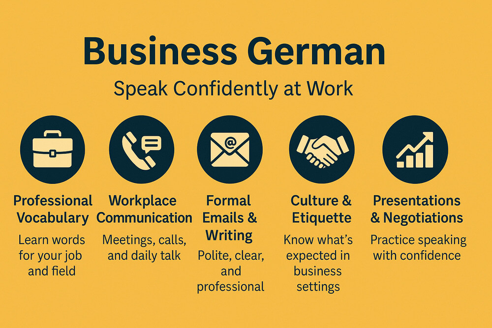 Infographic outlining key elements of business German lessons including vocabulary, communication, writing, etiquette, and presentation skills.