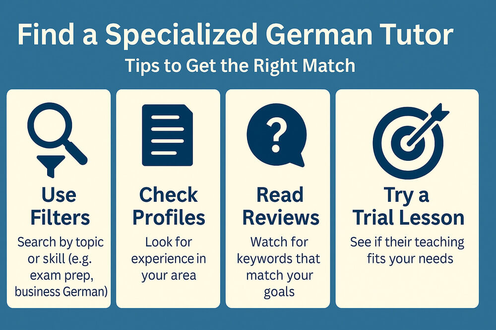 Infographic with tips for finding a specialized German tutor using filters, profile checks, reviews, and trial lessons.