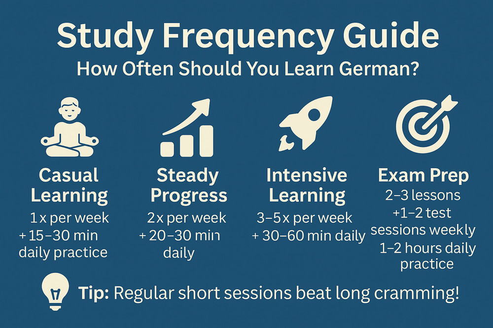 Infographic showing recommended German lesson frequencies for casual learning, steady progress, intensive study, and exam preparation.