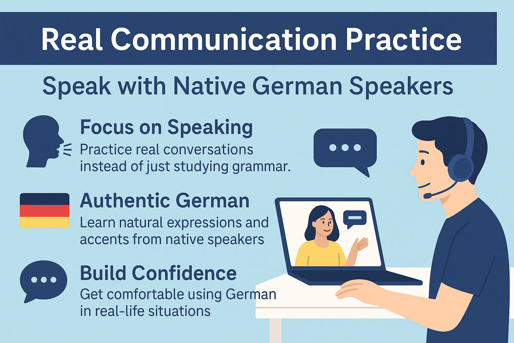 Infographic showing benefits of speaking with native German tutors including real conversation practice, authentic accents, and confidence building.