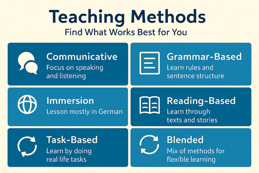 Infographic comparing German teaching methods including communicative, grammar-based, immersion, task-based, reading-based, and blended approaches.