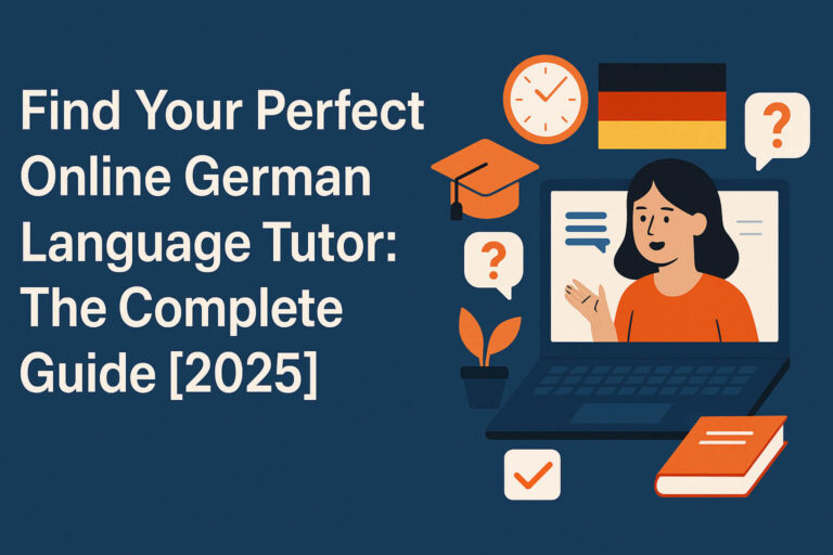 Illustration of a woman learning German online with icons for language, questions, and education next to the title: Find Your Perfect Online German Language Tutor – The Complete Guide 2025