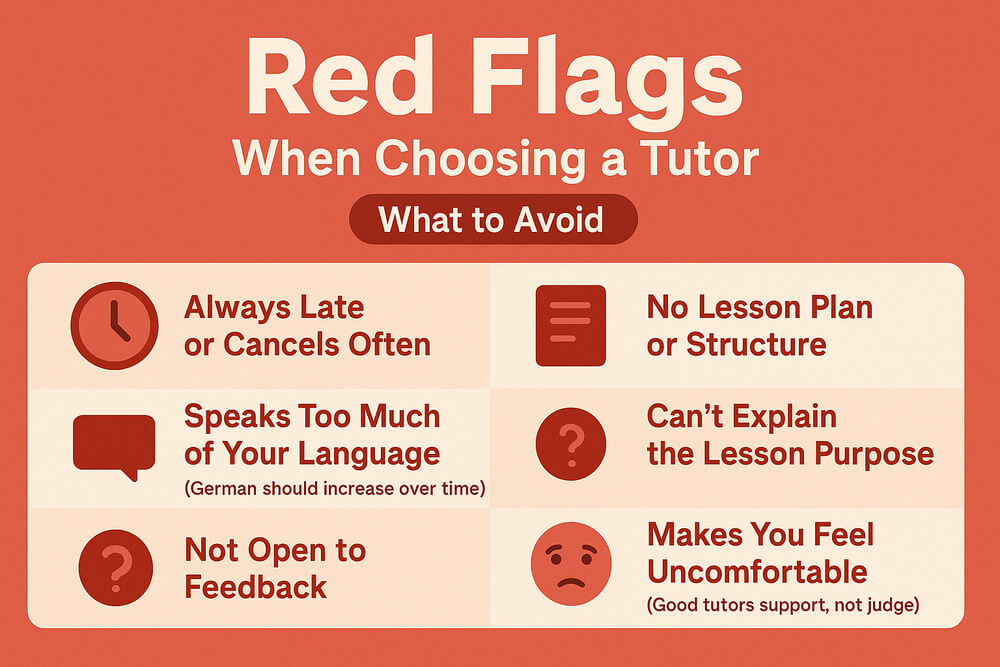 Infographic showing red flags to avoid when choosing an online German tutor including lack of structure, poor communication, and limited German use.