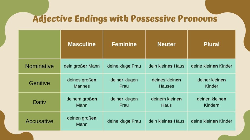 German adjective declension chart with possessive pronouns for masculine, feminine, neuter, and plural nouns