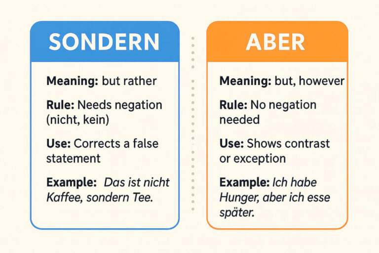 Infographic comparing German conjunctions sondern and aber with meaning, rules, usage, and examples.