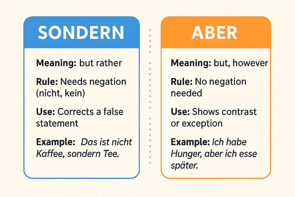 Infographic comparing German conjunctions sondern and aber with meaning, rules, usage, and examples.