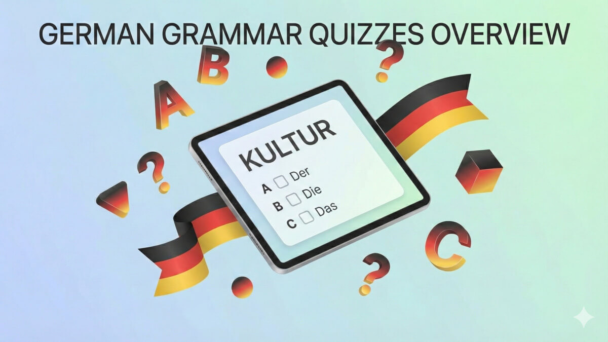 German Grammar Quizzes Overview - 3D illustration showing a tablet with a German article quiz for the word 'Kultur' (Der, Die, Das) surrounded by German flag colors.
