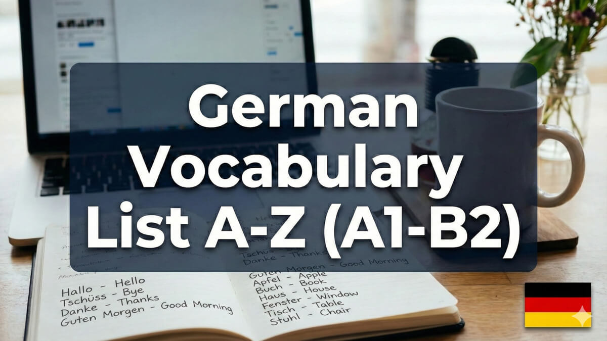 German vocabulary list overview sorted by level from A1 to B2 – 57 topics with quizzes