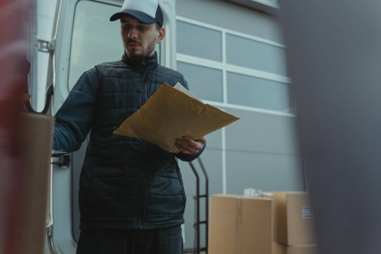 A delivery driver in a uniform stands next to an open van and checks a large envelope, acting as der Lieferant (the supplier/delivery person) who ensures that packages and goods reach their destination on time.